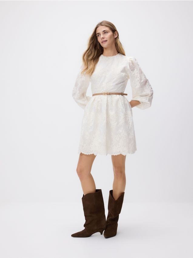 Reserved - Sukienka mini z paskiem - złamana biel