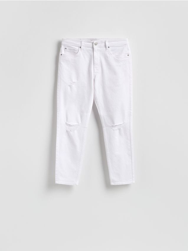 Reserved - Jeansy carrot slim z przetarciami - biały