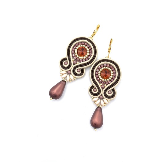 Kolczyki sutasz beżowo złoto brązowe kolorowe Cleo z dużą łezką