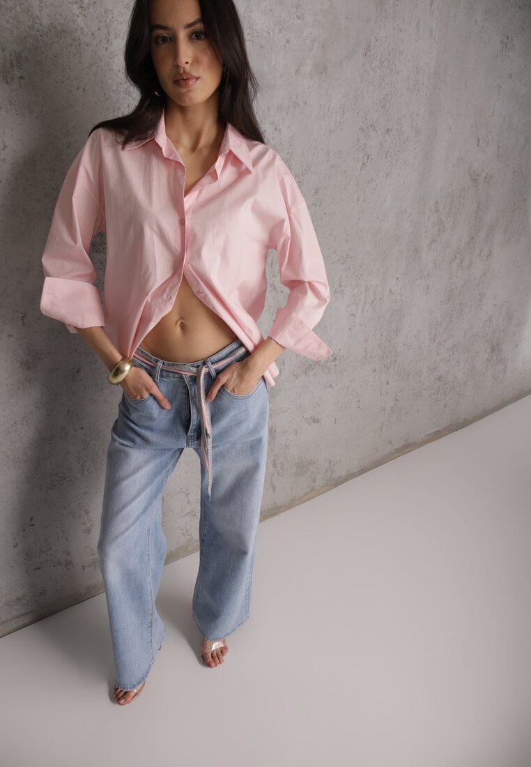 Niebieskie Jeansy Szerokie z Bawełną High Waist Ozdobione Wiązanym Sznurkiem Neviolla