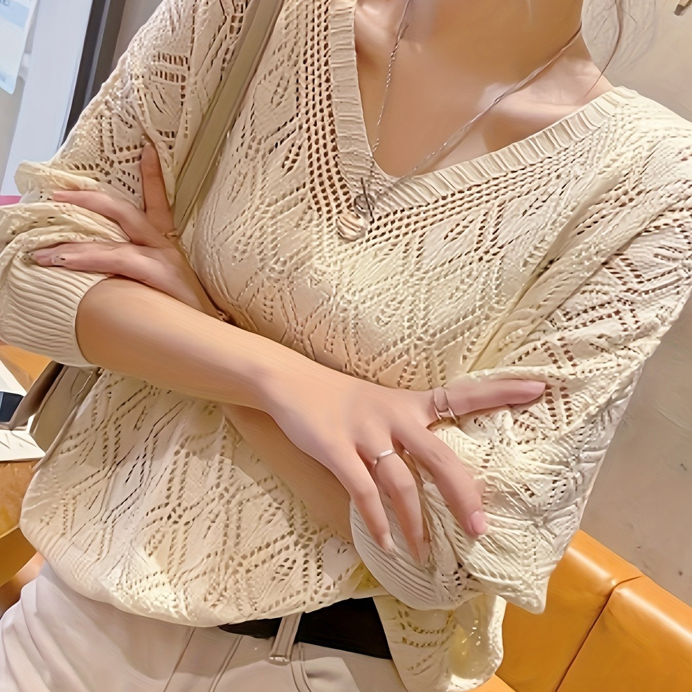 TEMU Damska Lekka Bluzka z Rękawami Batwing i Dekoltem w Serek, z Długimi, Ażurowymi Rękawami na Wiosnę i