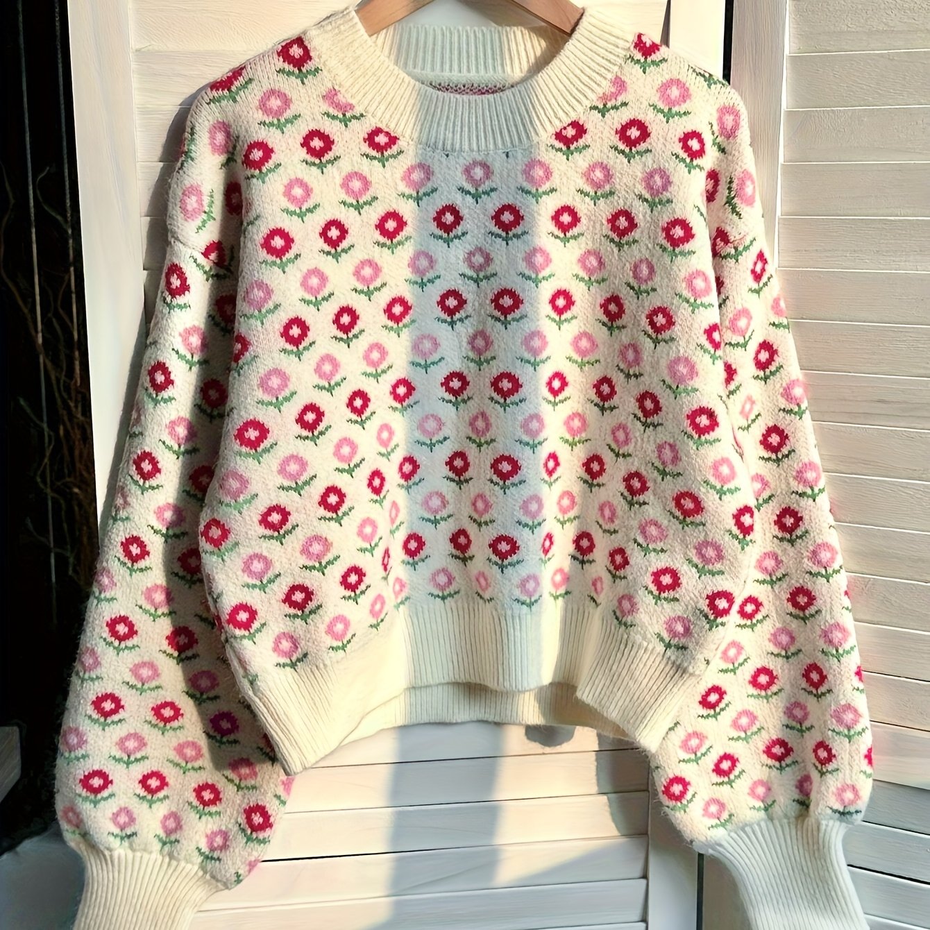 TEMU Damski Nowy Sweter z Kwiatowym Nadrukiem i Okrągłym Dekoltem
