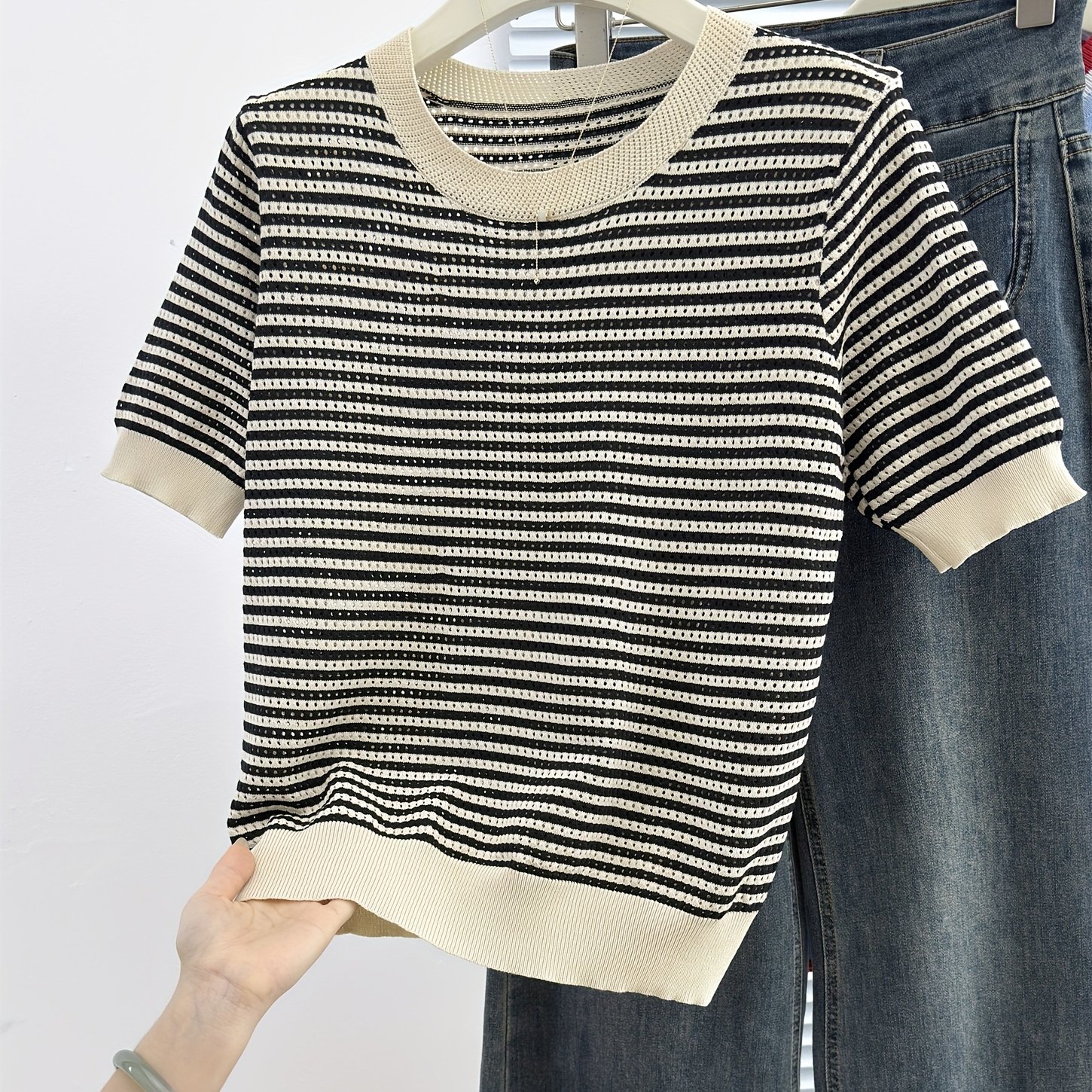 TEMU kolorystyczna koszulka damska na 2025 z krótkim rękawem w paski, codzienna, uniwersalna, z okrągłym dekoltem i otworem