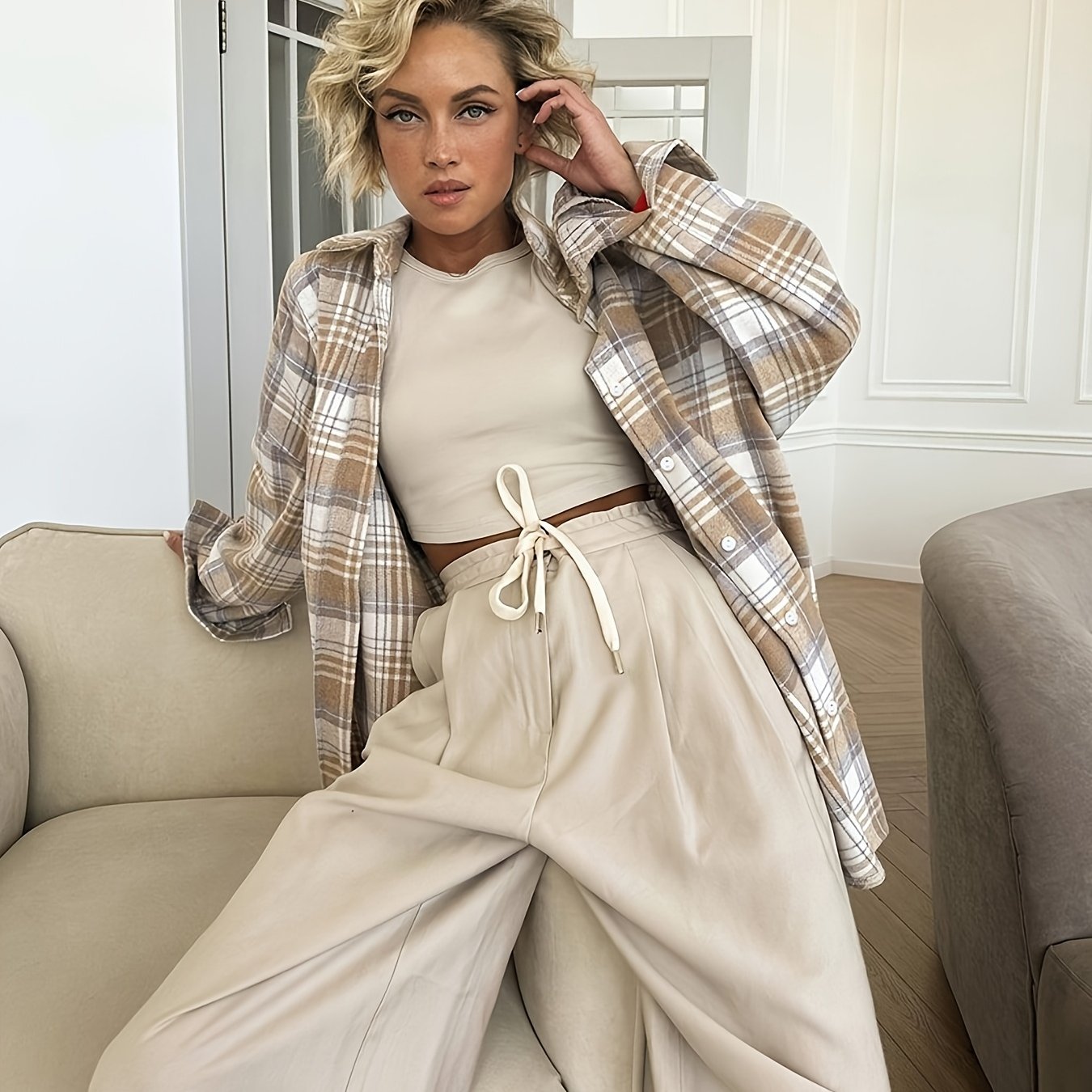 TEMU Jesienna Retro Modowa Kratka Koszula Damska, Luźna, Oversize Długi Rękaw Kołnierzyk Koszula Kurtka Damska, Casual, Domowa
