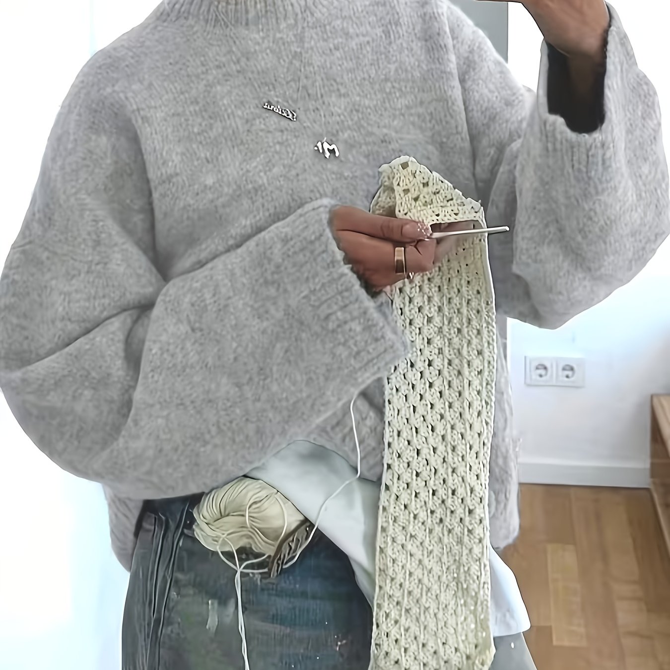 TEMU Elegancki sweter w jednolitym kolorze Damski sweter z długim rękawem i okrągłym dekoltem, luźny krój, uniwersalny do noszenia na co dzień,