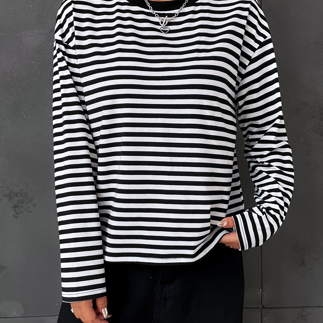 TEMU Casual Luźny Wszechstronny Vintage Kolorowy Blokowany Paskowany Długi Rękaw T-Shirt Top
