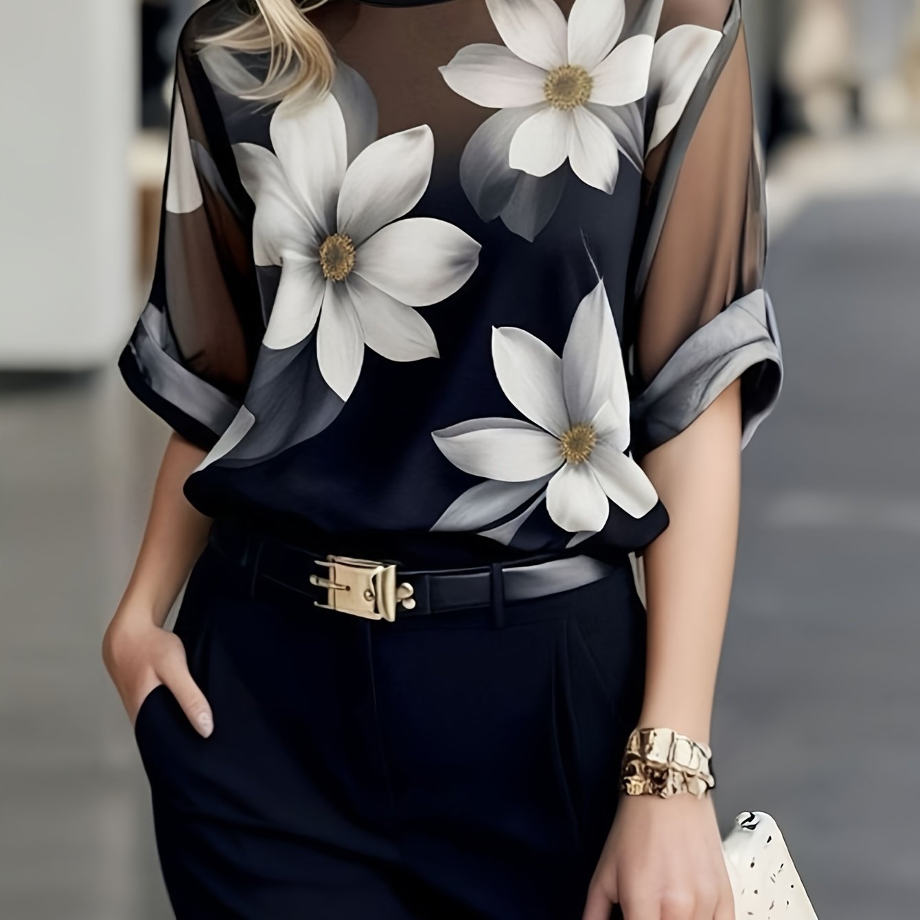 TEMU Elegancka damska bluzka z kwiatowym szifonem i okrągłym dekoltem Letnia, z krótkim rękawem, prześwitująca bluzka z dużym nadrukiem kwiatowym