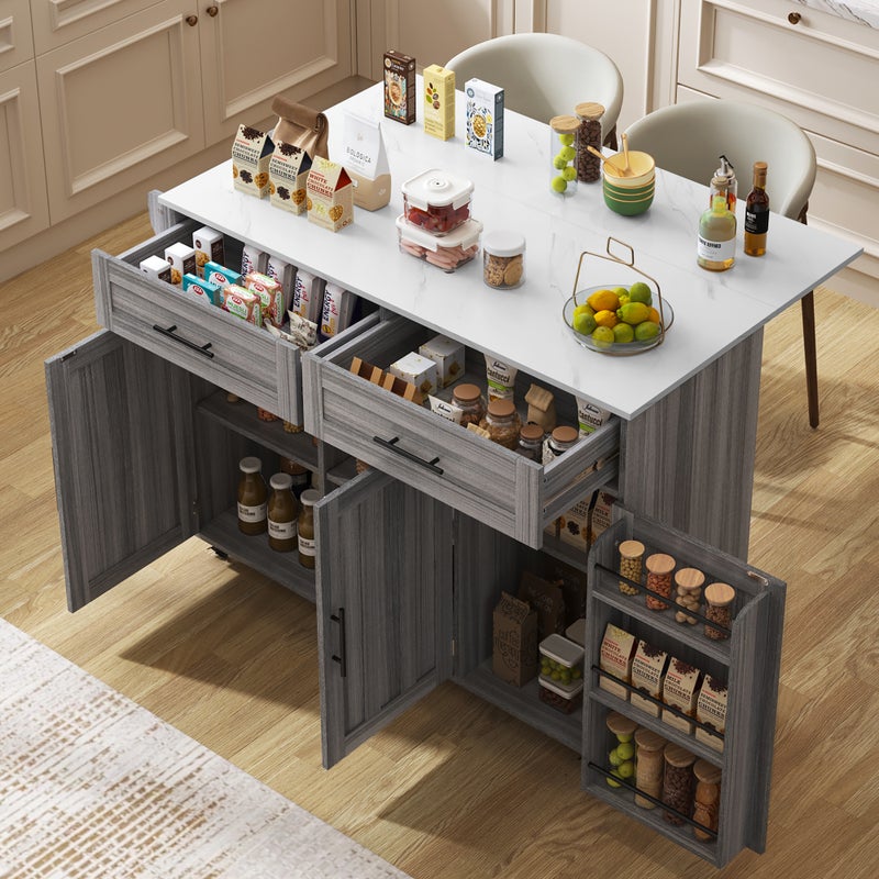 Mobilna wyspa kuchenna z 3 drzwiami i 2 szufladami - 129 x 46/71 x 91,5 cm - MDF - Wysuwany blat - Khaki szary