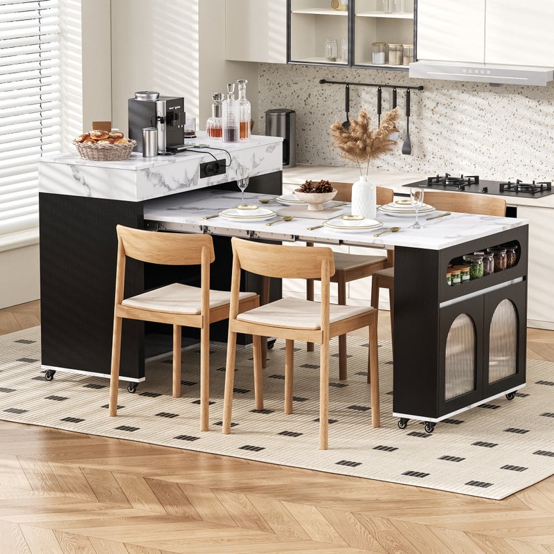 Mobilna wyspa kuchenna z rozkładanym stołem jadalnym, 3 drzwiami i 1 szufladą - 110,5 x 50,5 x 95,5 cm - MDF - Gniazdka elektryczne - Czarny + biały