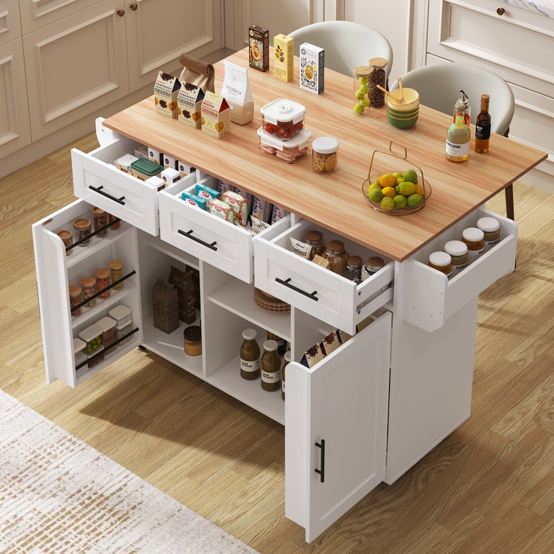 Mobilna wyspa kuchenna z 2 drzwiami, 3 szufladami i 2 przegrodami - 139 x 46/71 x 91,5 cm - MDF - Rozkładany blat - Biały
