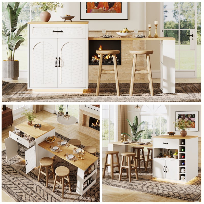 Wyspa kuchenna z rozkładanym stołem jadalnym - 2 szuflady i 4 drzwi - 141/193,5 x 70 x 95,5 cm - MDF - biała