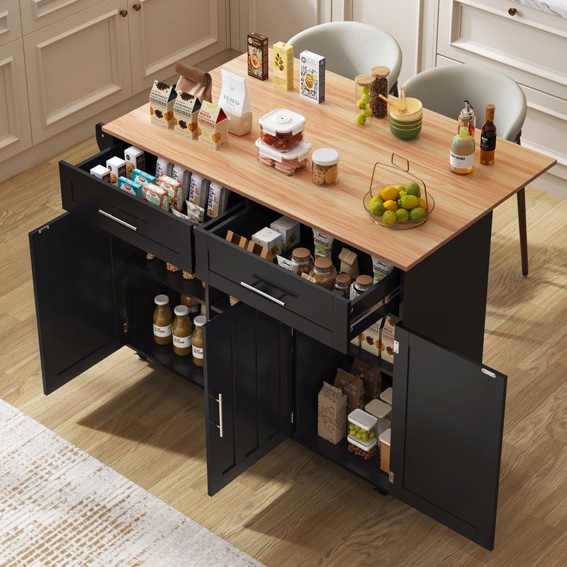 Mobilna wyspa kuchenna z 3 drzwiami i 2 szufladami - 139 x 46/71 x 91,5 cm - MDF - Wysuwany blat - Czarny
