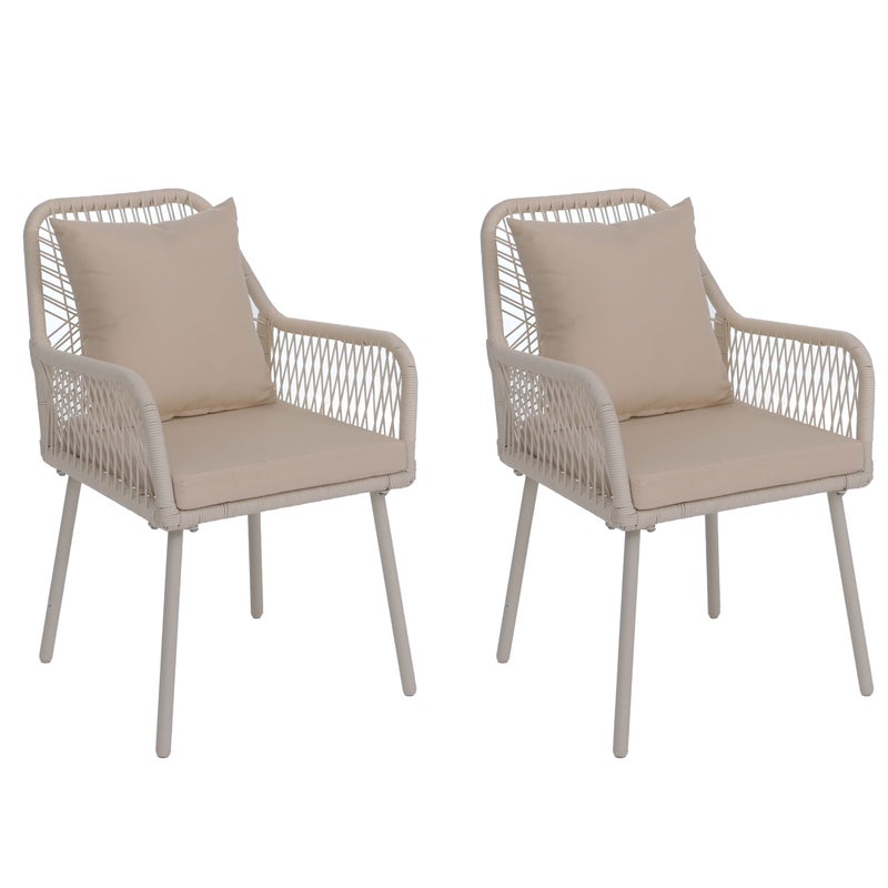 Zestaw 2 krzeseł ogrodowych HWC-O12, outdoorowe poduszki siedziskowe/oparciowe, plecionka aluminiowa Rope ~ kremowa, pokrowiec kremowy