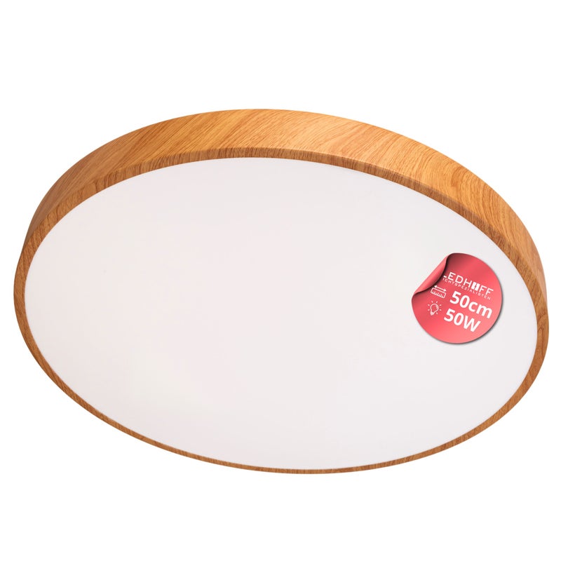 Plafon Brązowy LED - Lampa Sufitowa Okrągła 50W Neutralne Światło 4000K - Panel Natynkowy 50cm Drewniany Wzór - LEDHOFF