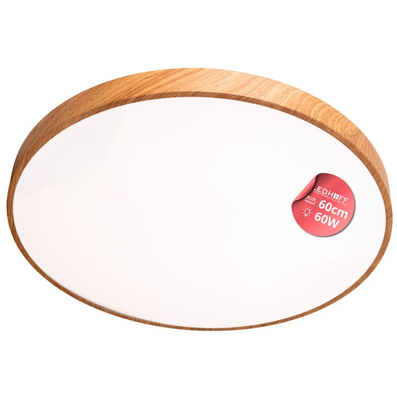 Plafon Brązowy LED - Lampa Sufitowa Okrągła 60W Neutralne Światło 4000K - Panel Natynkowy 60cm Drewniany Wzór - LEDHOFF