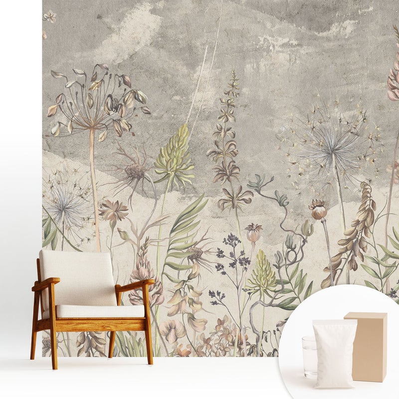 Tapeta z flizeliny stylowa dekoracja ściany elegancka nowoczesny motyw wysokiej jakości - Rustykalne kwiaty na szarym tle - 250x250