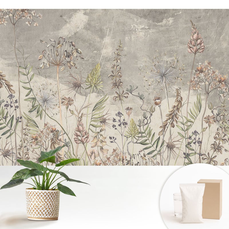 Tapeta z flizeliny stylowa dekoracja ściany elegancka nowoczesny motyw wysokiej jakości - Rustykalne kwiaty na szarym tle - 152x104