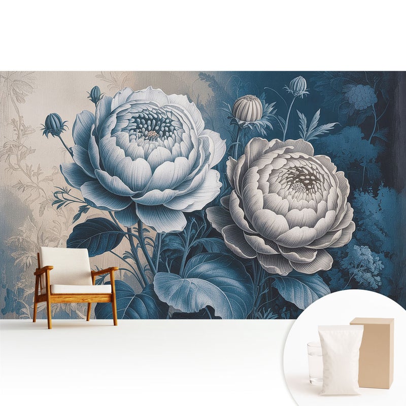 Tapeta dekoracyjna flizelinowa stylowa nowoczesny motyw elegancka trwała i solidna - Kwiaty w odcieniach niebieskiego szarości - 416x254