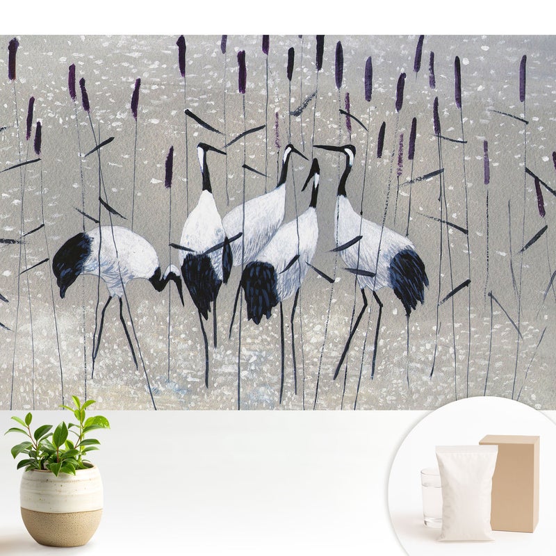 Tapeta z flizeliny dekoracyjna nowoczesna elegancka stylowa wykończenie ściany wysokiej jakości - Eleganckie żurawie wśród traw - 104x70