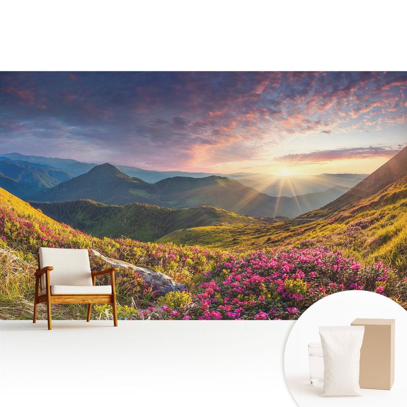 Tapeta flizelinowa dekoracyjna stylowa nowoczesny motyw elegancka wysoka jakość trwała powierzchnia - Górski krajobraz w promieniach słońca - 416x254