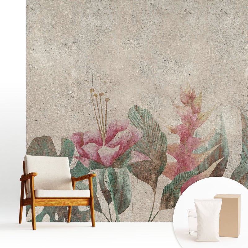 Tapeta flizelinowa nowoczesna dekoracyjna stylowa elegancka praktyczna i trwała - Kwiaty i liście pastelowe harmonia vintage - 250x250
