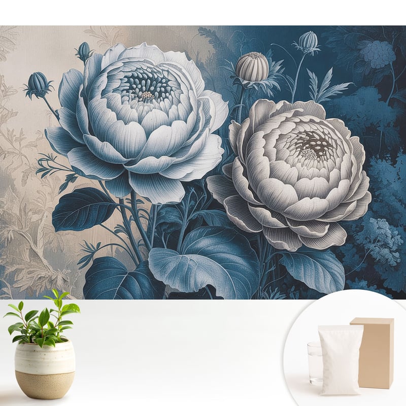 Tapeta dekoracyjna flizelinowa stylowa nowoczesny motyw elegancka trwała i solidna - Kwiaty w odcieniach niebieskiego szarości - 104x70