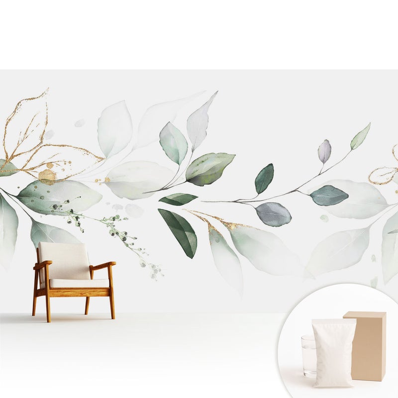 Tapeta z flizeliny stylowa dekoracyjna elegancka nowoczesny motyw wysoka jakość - Delikatne kompozycje liści w akwareli - 416x254