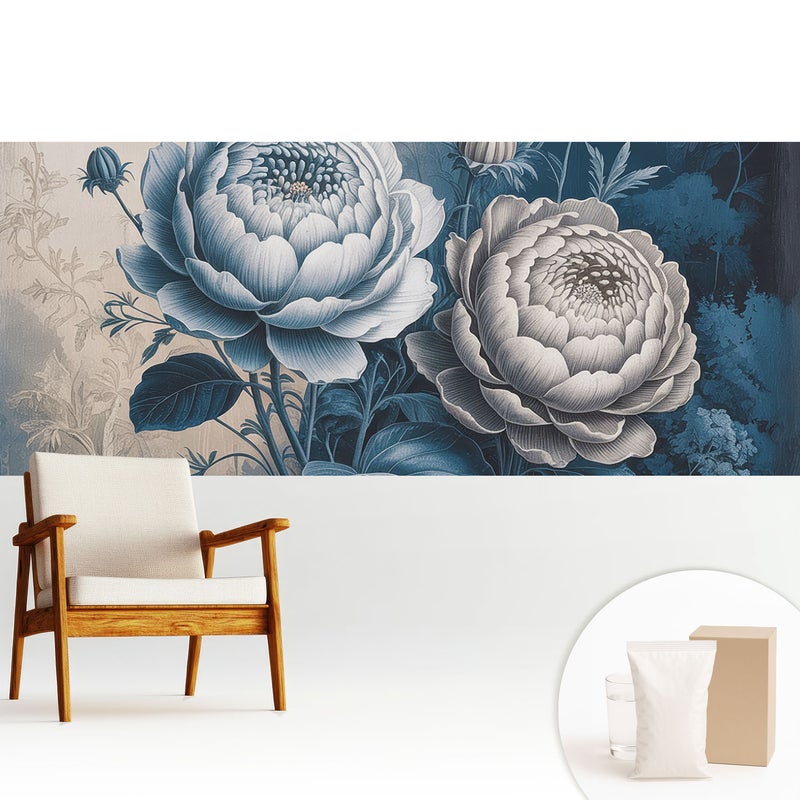 Tapeta dekoracyjna flizelinowa stylowa nowoczesny motyw elegancka trwała i solidna - Kwiaty w odcieniach niebieskiego szarości - 250x104
