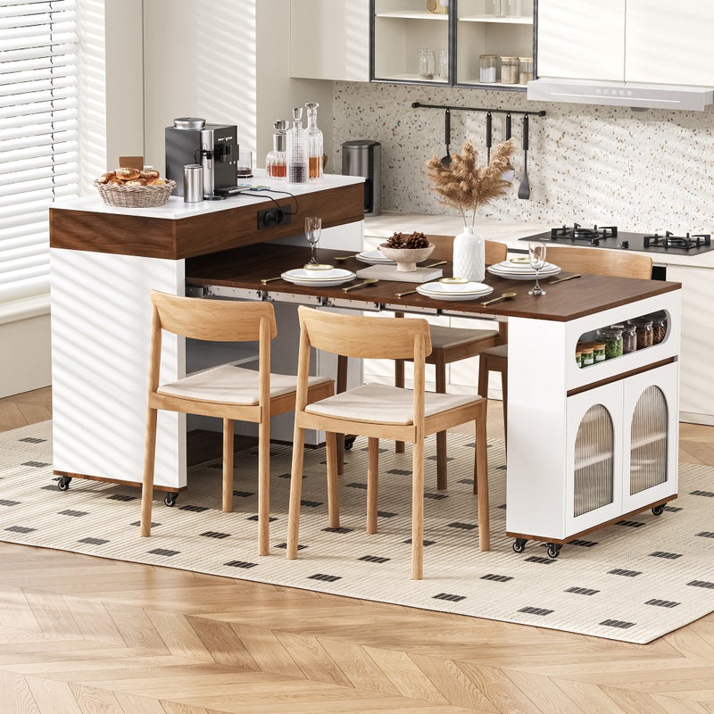 Mobilna wyspa kuchenna z rozkładanym stołem jadalnym, 3 drzwiami i 1 szufladą - 110,5x50,5x95,5 cm - MDF - Gniazdka elektryczne - Orzech + biel