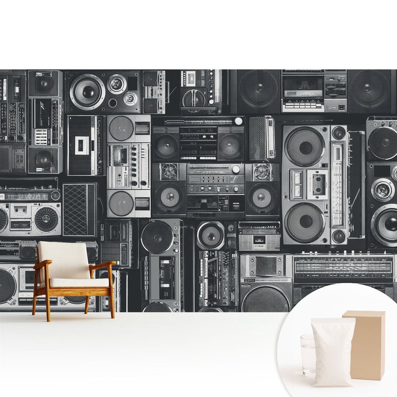 Tapeta flizelinowa elegancka stylowa dekoracja ściany trwała wysoka jakość nowoczesny motyw - Stylowy wzór retro z radioodbiornikami - 416x254