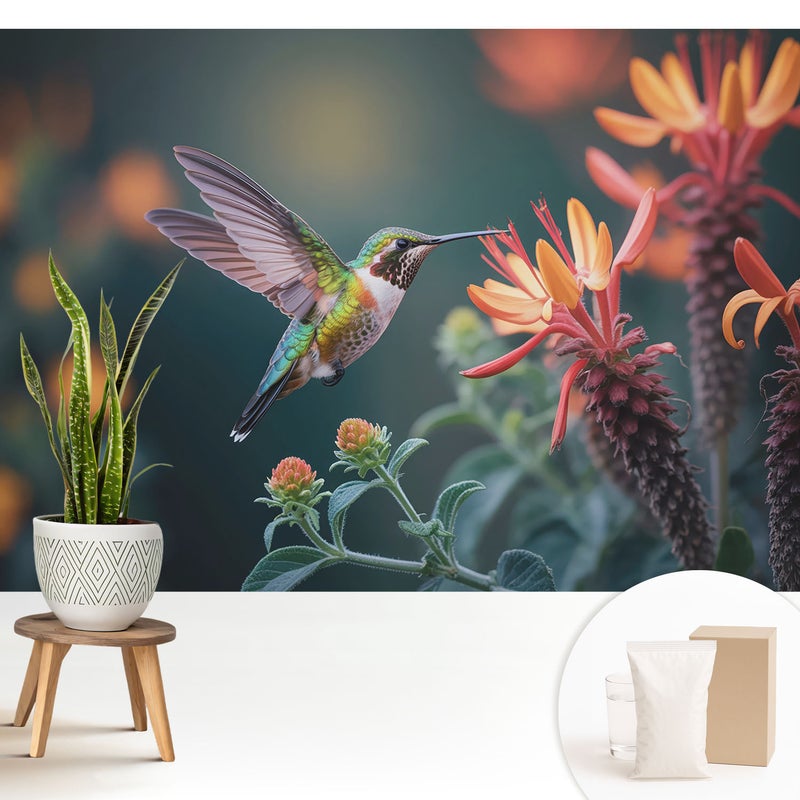 Tapeta flizelinowa nowoczesna dekoracyjna elegancka stylowa łatwy montaż i praktyczna - Koliber wśród kwitnących roślin - 208x146