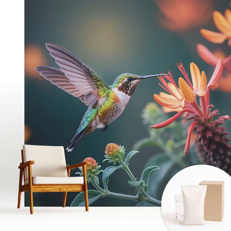 Tapeta flizelinowa nowoczesna dekoracyjna elegancka stylowa łatwy montaż i praktyczna - Koliber wśród kwitnących roślin - 250x250