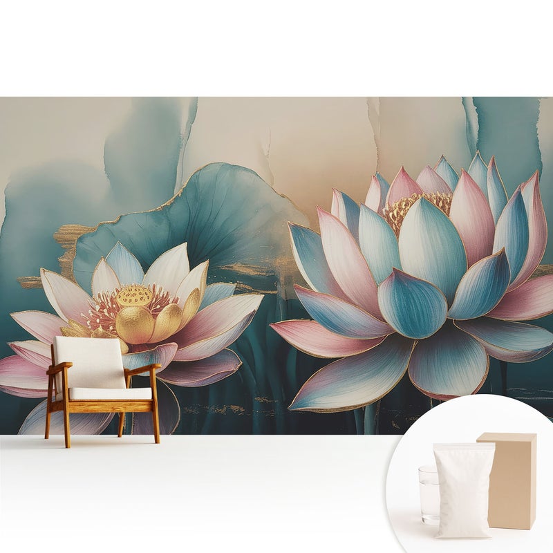 Tapeta dekoracyjna flizelinowa nowoczesny motyw stylowa elegancka praktyczna powierzchnia - Delikatne kwiaty lotosu w abstrakcyjnym stylu - 416x254