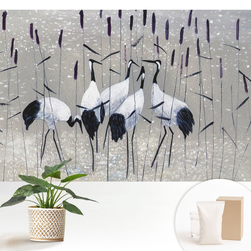 Tapeta z flizeliny dekoracyjna nowoczesna elegancka stylowa wykończenie ściany wysokiej jakości - Eleganckie żurawie wśród traw - 152x104