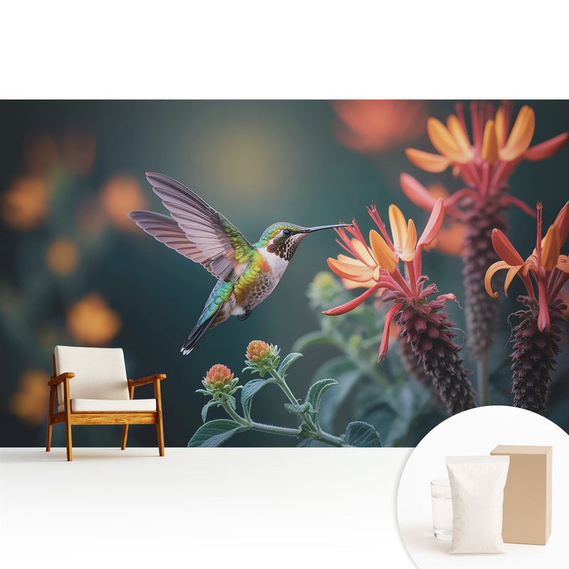 Tapeta flizelinowa nowoczesna dekoracyjna elegancka stylowa łatwy montaż i praktyczna - Koliber wśród kwitnących roślin - 416x254