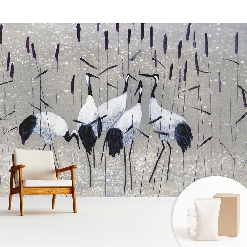 Tapeta z flizeliny dekoracyjna nowoczesna elegancka stylowa wykończenie ściany wysokiej jakości - Eleganckie żurawie wśród traw - 312x219