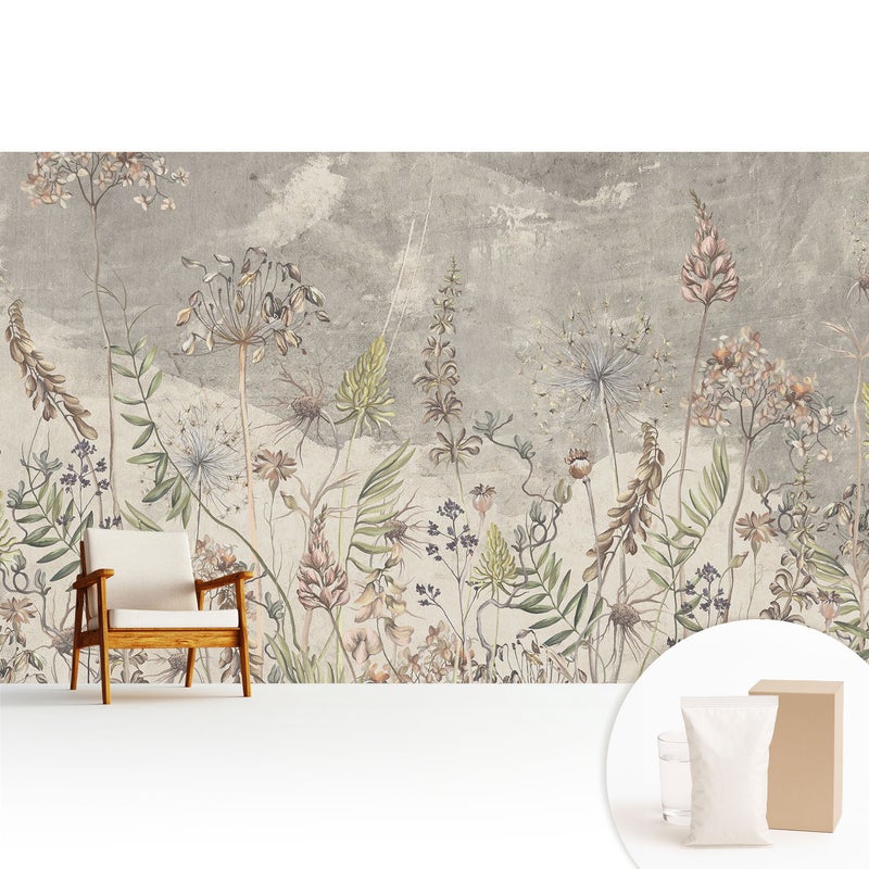 Tapeta z flizeliny stylowa dekoracja ściany elegancka nowoczesny motyw wysokiej jakości - Rustykalne kwiaty na szarym tle - 416x254