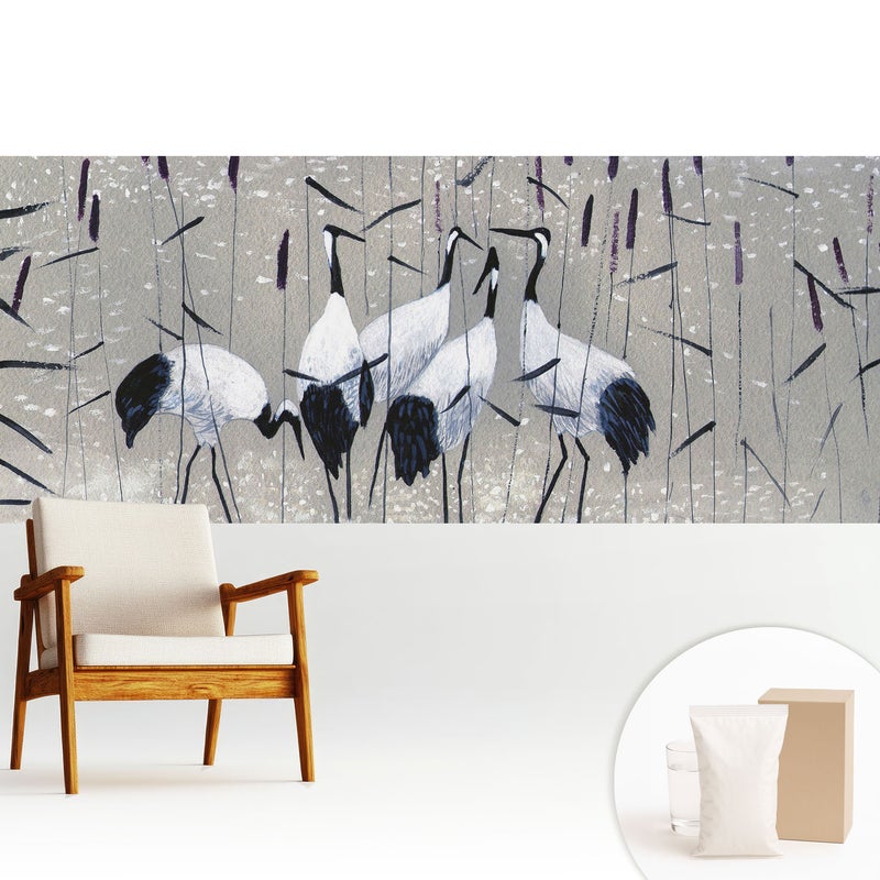 Tapeta z flizeliny dekoracyjna nowoczesna elegancka stylowa wykończenie ściany wysokiej jakości - Eleganckie żurawie wśród traw - 250x104