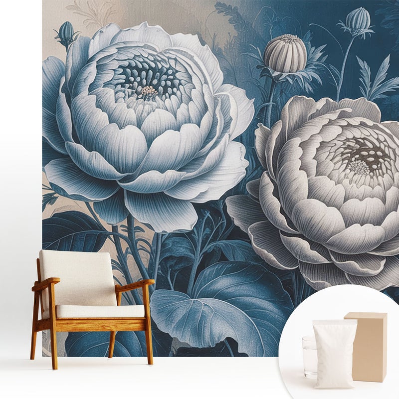 Tapeta dekoracyjna flizelinowa stylowa nowoczesny motyw elegancka trwała i solidna - Kwiaty w odcieniach niebieskiego szarości - 250x250