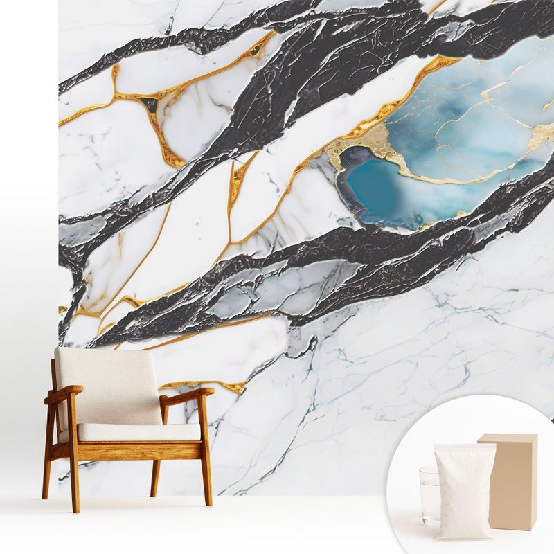 Tapeta z flizeliny dekoracyjna nowoczesna stylowa elegancka wykończenie wysokiej jakości - Marmur z czernią i błękitem - 250x250