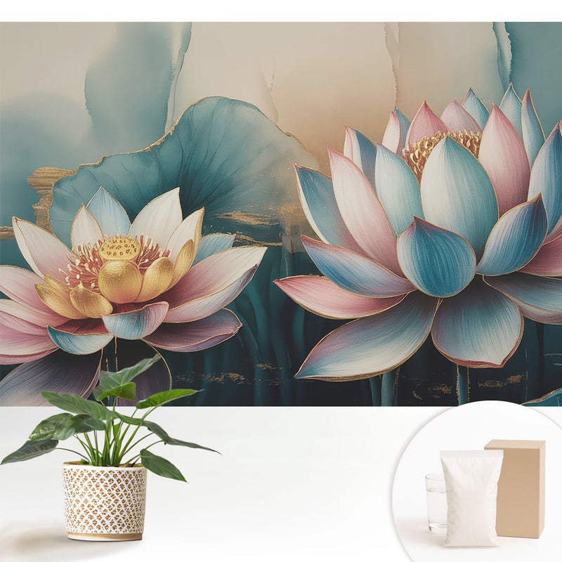 Tapeta dekoracyjna flizelinowa nowoczesny motyw stylowa elegancka praktyczna powierzchnia - Delikatne kwiaty lotosu w abstrakcyjnym stylu - 152x104