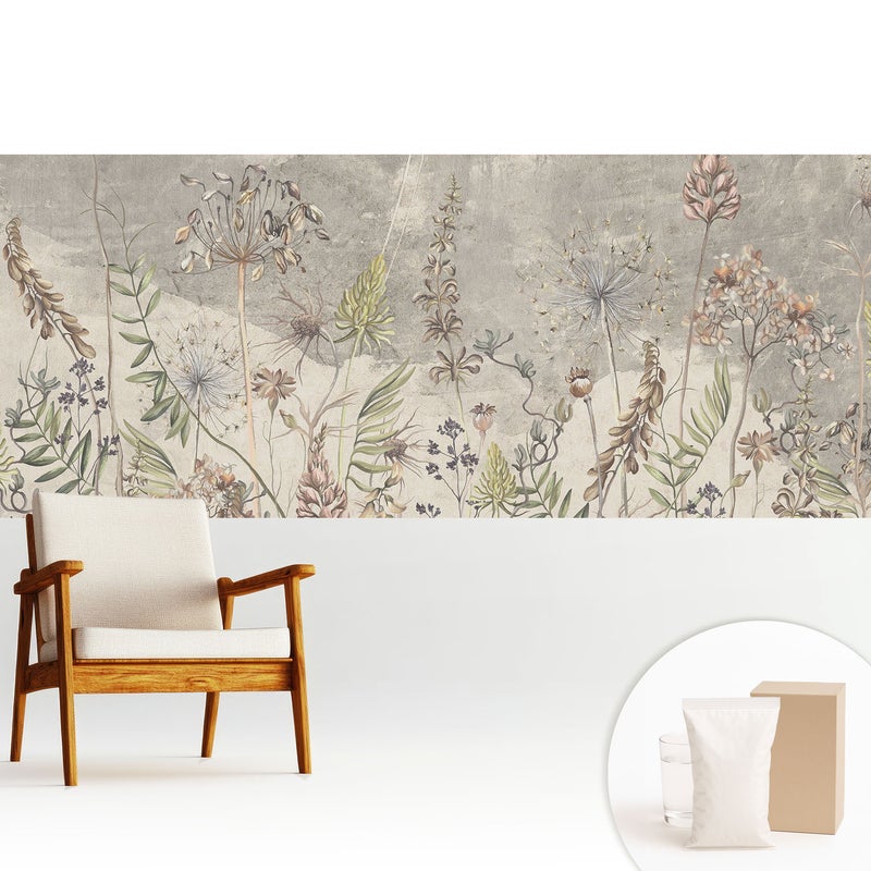 Tapeta z flizeliny stylowa dekoracja ściany elegancka nowoczesny motyw wysokiej jakości - Rustykalne kwiaty na szarym tle - 250x104