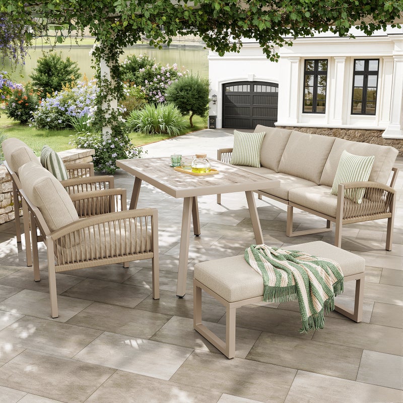 Zestaw mebli ogrodowych z ocynkowanego żelaza dla 7 osób: 1 sofa trzyosobowa + 2 fotele + 1 ławka + 1 szklany stolik - beżowy