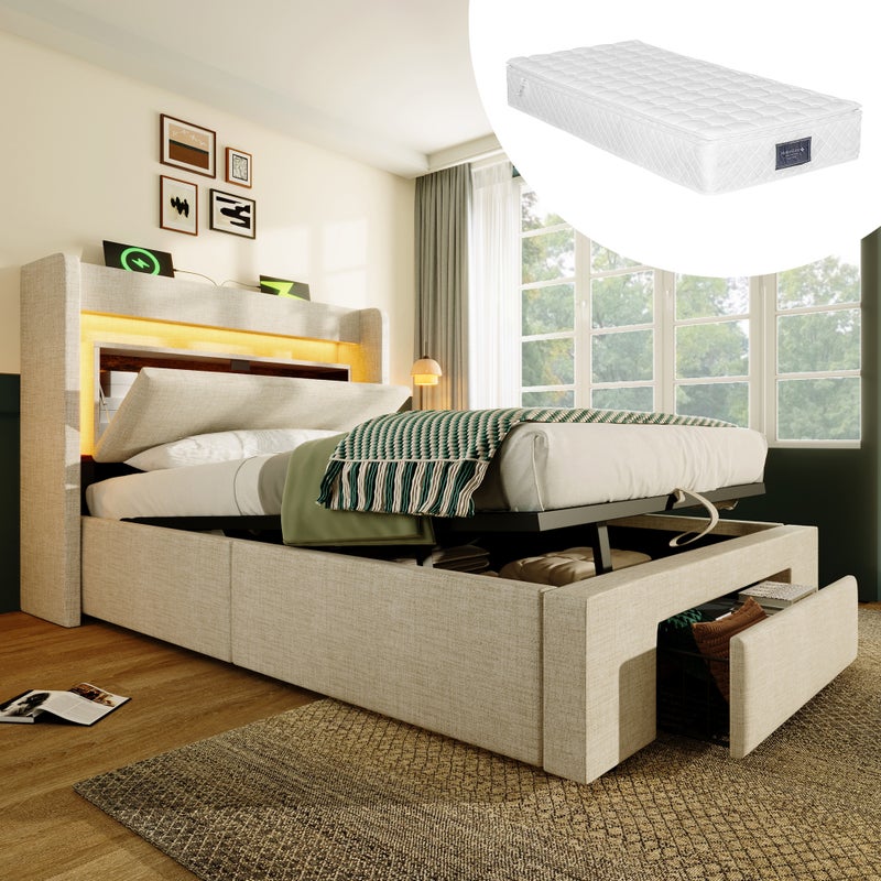 Łóżko 90 x 200 cm z pojemnikiem na pościel, zagłówkiem i 1 szufladą – tkanina lniana – diody LED oraz porty USB i typu C – beżowe (materac w zestawie)
