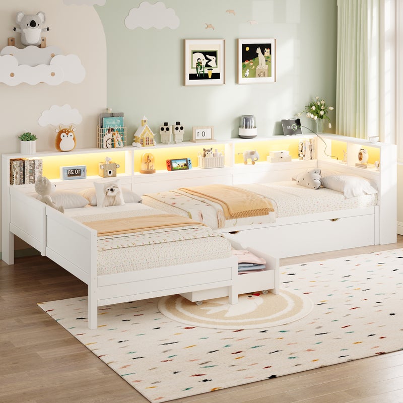 Łóżko pojedyncze 90x200 cm - z łóżkiem chowanym i 1 szufladą - z oświetleniem LED i portem USB - Przegródki do przechowywania - Biały