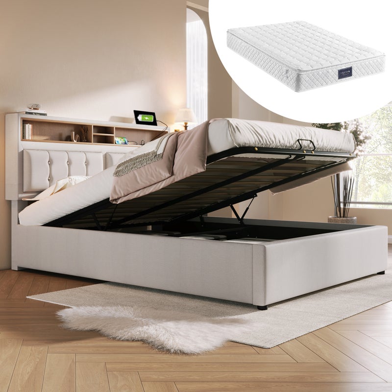 Bettgestell z USB-C i USB - Laken - 140x200 cm - Hellbeige/Grau - z szufladami i regałami