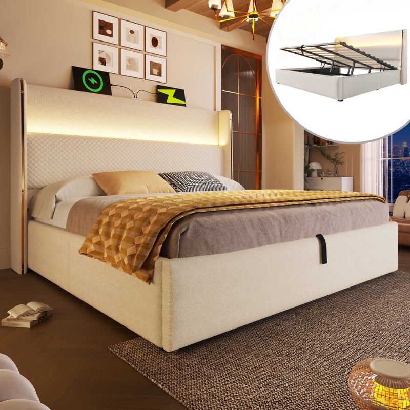 Bett hydrauliczne z wysokim oparciem, 140x200cm, LED, USB-C, lin, beżowy