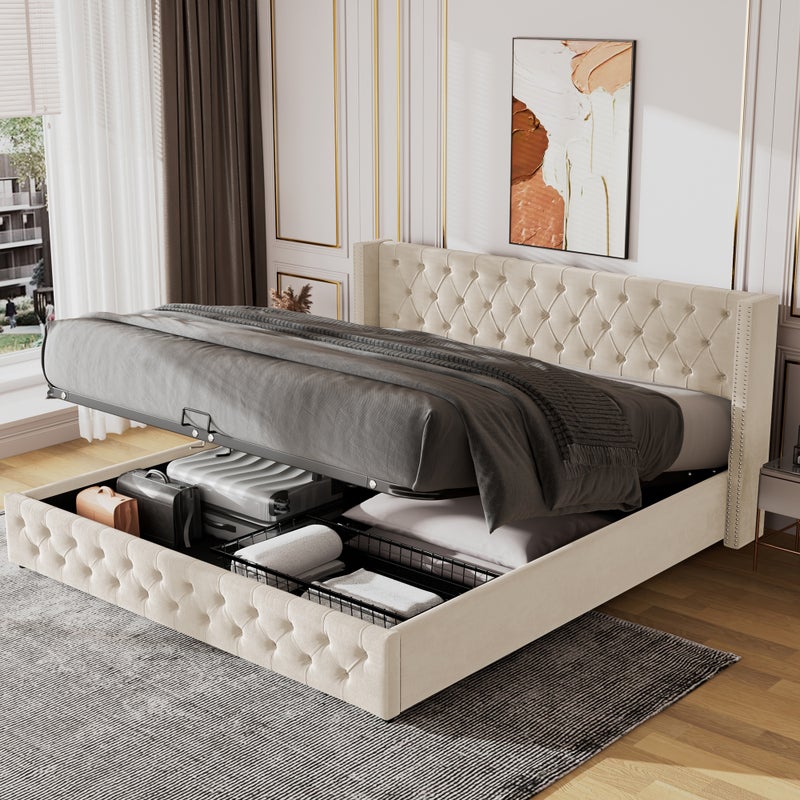 Bett Chesterfield z podnoszonym pojemnikiem 160x200 cm, samt, beżowy - zewnętrzny materiał samtowy, wnętrze wypełnione pianką - wygodne i trwałe