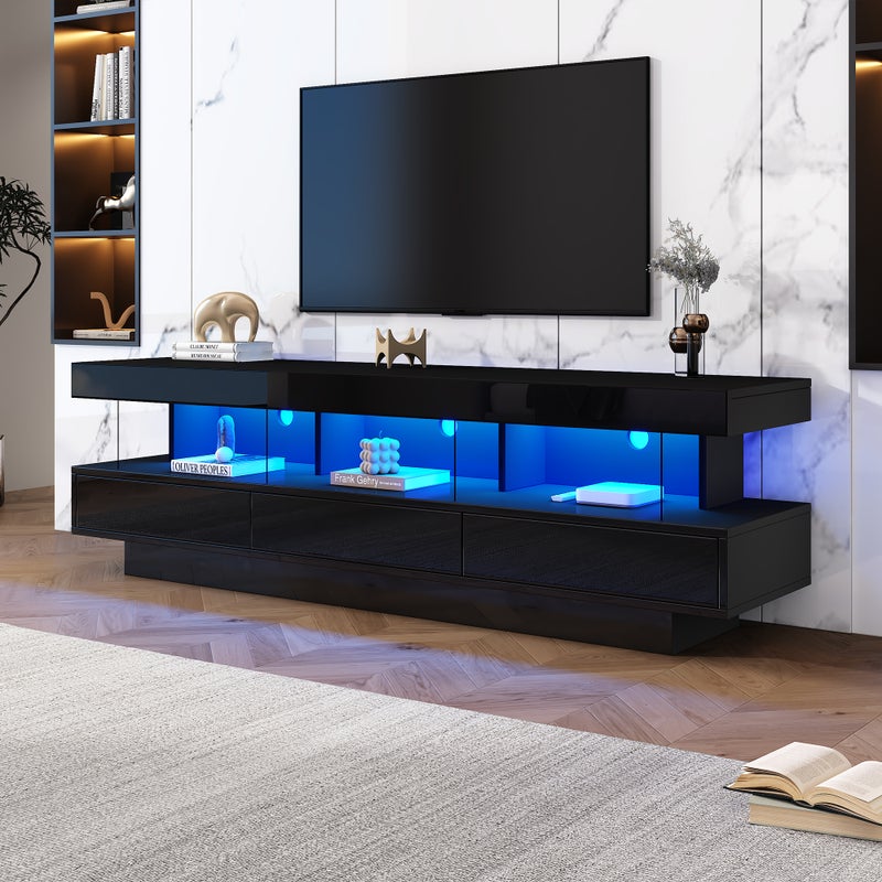 Stolik TV z 3 szklanymi półkami - czarny, 160x38x50.5 cm, LED, Bluetooth, do telewizorów do 70 cali