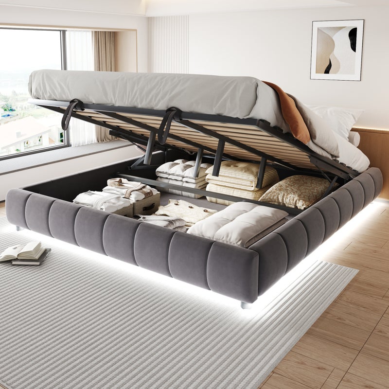 Bett 180x200 cm - Hydrauliczny z LED, Stały Metal, Grau, z Przestrzenią na Przechowywanie